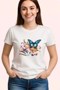 Tricou Fluture albastru cu negru pe flori de crin desen vibrant Copii | Dama | Barbat Barbat - Img 3
