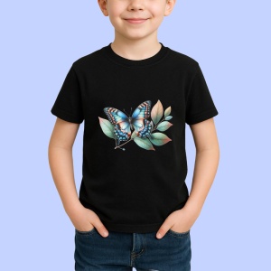 Tricou Fluture albastru cu negru pe frunze design decorativ Copii | Dama | Barbat, negru
