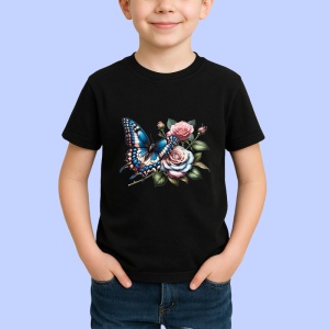 Tricou Fluture albastru pe trandafiri roz compozitie romantica Copii | Dama | Barbat, negru - Img 3