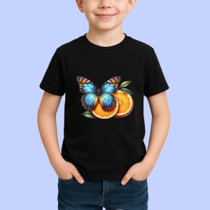 Tricou Fluture albastru si portocaliu pe felii de portocala Copii | Dama | Barbat, negru