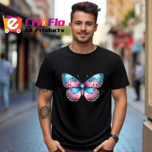 Tricou Fluture albastru si roz cu buline simetrice pastelate Copii | Dama | Barbat, negru - Img 6