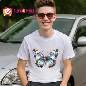 Tricou Fluture bej si albastru pastelat in stil ilustrativ Copii | Dama | Barbat Barbat - Img 5