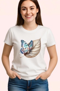 Tricou Fluture pastel pe frunza uscata design elegant natural Copii | Dama | Barbat Barbat - Img 3