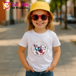 Tricou Fluture portocaliu in cerc cu flori roz compozitie romantica Copii | Dama | Barbat Barbat