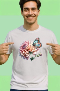 Tricou Fluture portocaliu pe floare dahlia compozitie botanica Copii | Dama | Barbat Barbat - Img 2