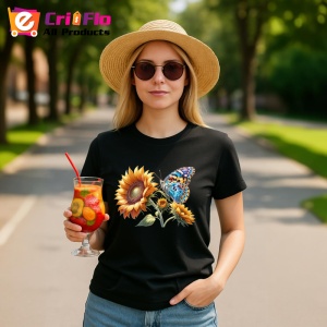 Tricou Fluture portocaliu pe floare de floarea soarelui ilustrativ Copii | Dama | Barbat Barbat - Img 22