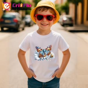 Tricou Fluture portocaliu si albastru pe margareta stil realist Copii | Dama | Barbat Barbat - Img 13