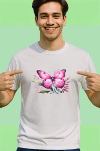 Tricou Fluture roz pe crenguta cu frunze stil feminin delicat Copii | Dama | Barbat Barbat - Img 2