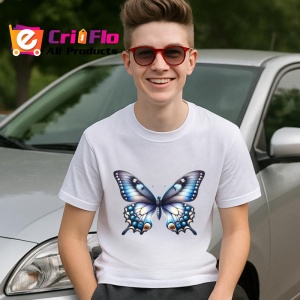 Tricou Fluture turcoaz cu detalii precise pe fundal alb Copii | Dama | Barbat Barbat - Img 9