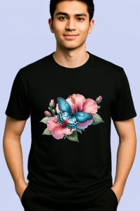 Tricou Fluture turcoaz pe hibiscus rosu compozitie tropicala Copii | Dama | Barbat Barbat - Img 5