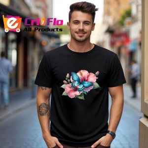 Tricou Fluture turcoaz pe hibiscus rosu compozitie tropicala Copii | Dama | Barbat Barbat - Img 18