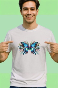 Tricou Fluture turcoaz si portocaliu in compozitie florala vibranta Copii | Dama | Barbat Barbat - Img 2