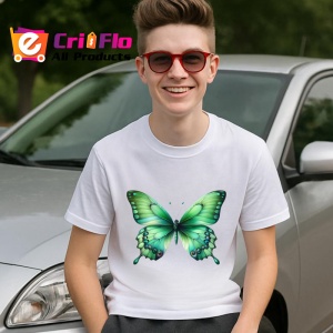 Tricou Fluture verde smarald cu efect de catifea pe fundal alb Copii | Dama | Barbat Barbat - Img 9