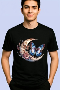 Tricou Fluturi albastri si maro pe luna si flori compozitie mistica Copii | Dama | Barbat Barbat - Img 4