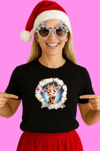Tricou Girafa Cu Fundal Alb Si Privire Vesela Craciun, din bumbac 100% Copii | Dama | Barbat