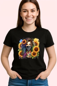 Tricou Girl bandana sunflower burst, fata cu bandana si floarea soarelui exploziva, Copii | Dama | Barbat , tricou negru