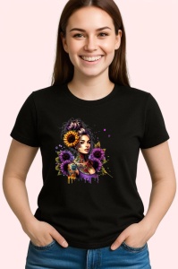 Tricou Girl holding sunflower confident style, fata tinand floarea soarelui stil increzator, Copii | Dama | Barbat , tricou negru