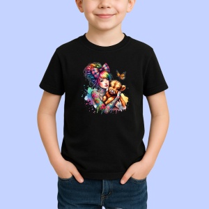 Tricou Girl hugging puppy with bow, fata cu catelus si fundita, Copii | Dama | Barbat , tricou negru - Img 2