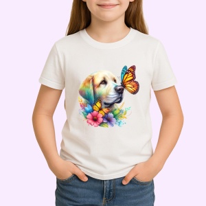 Tricou Golden Labrador cu fluturi portocalii si flori colorate ilustratie vesela Copii | Dama | Barbat Barbat