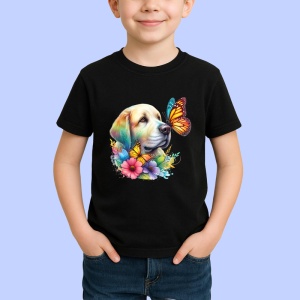 Tricou Golden Labrador cu fluturi portocalii si flori colorate ilustratie vesela Copii | Dama | Barbat Barbat - Img 5