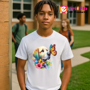 Tricou Golden Labrador cu fluturi portocalii si flori colorate ilustratie vesela Copii | Dama | Barbat Barbat - Img 7