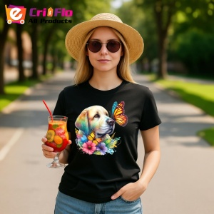 Tricou Golden Labrador cu fluturi portocalii si flori colorate ilustratie vesela Copii | Dama | Barbat Barbat - Img 22