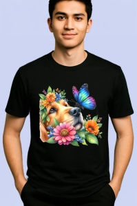 Tricou Golden Retriever printre flori si fluture violet atmosfera de vara Copii | Dama | Barbat Barbat - Img 4