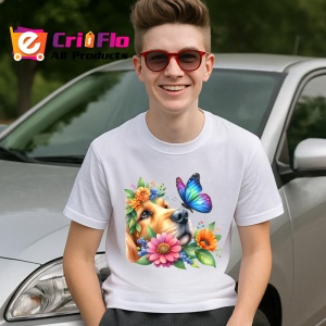 Tricou Golden Retriever printre flori si fluture violet atmosfera de vara Copii | Dama | Barbat Barbat - Img 8