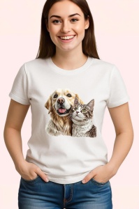 Tricou Golden Retriever si pisica gri tabby fericire in doi Copii | Dama | Barbat Barbat - Img 3