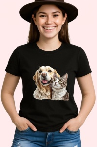 Tricou Golden Retriever si pisica gri tabby fericire in doi Copii | Dama | Barbat Barbat - Img 7