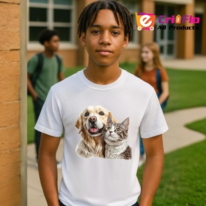 Tricou Golden Retriever si pisica gri tabby fericire in doi Copii | Dama | Barbat Barbat - Img 8