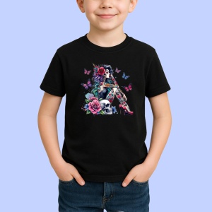 Tricou Goth girl skulls roses butterflies, fata goth cu cranii trandafiri si fluturi, Copii | Dama | Barbat , tricou negru - Img 2
