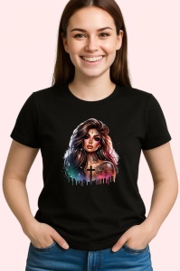 Tricou Gothic tattoo girl cross chest, fata gotica tatuata cu cruce pe piept, Copii | Dama | Barbat , tricou negru - Img 3