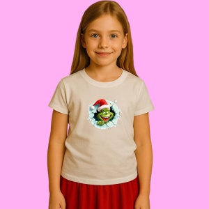 Tricou Grinch Cu Fundal Deschis Si Privire Zambitoare Craciun, din bumbac 100% Copii | Dama | Barbat - Img 3