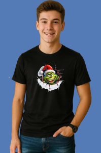 Tricou Grinch Cu Fundal Gri Inchis Craciun, din bumbac 100% Copii | Dama | Barbat - Img 2