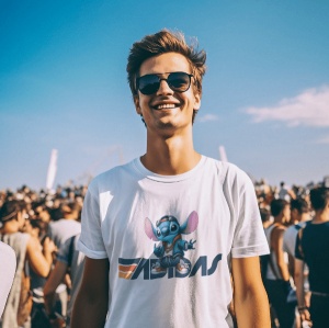 Tânăr zâmbitor la un eveniment în aer liber, purtând ochelari de soare și un tricou alb cu un design colorat care include un personaj animat albastru(Stitch) și logo-ul Adidas stilizat. În fundal se vede o mulțime de oameni sub un cer senin.