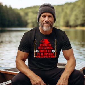 Un bărbat matur, purtând un fes și un tricou negru cu un design roșu ce include o pălărie de pescar și două lansete. Textul de pe tricou spune: "Pescuitul este ca mafia, odată ce te-ai implicat, nu mai există cale de ieșire." Bărbatul stă într-o barcă pe 