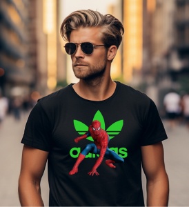 Bărbat purtând un tricou negru cu un design captivant, ce combină un logo iconic Adidas reinterpretat și un personaj din cultura pop în poziție dinamică. Contrastul dintre verdele aprins al logo-ului și detaliile personajului roșu evidențiază un stil urba