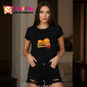 Tricou Halloween Dovleci Decor Lemn, din bumbac 100%, tricou negru, Dama | Barbat - Img 5