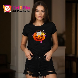 Tricou Halloween Pumpkin Cat, din bumbac 100%, tricou negru, Dama | Barbat - Img 5