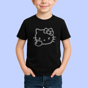 Tricou Hello Kitty Deget Mijlociu Parodie Fundal Alb, din bumbac 100%, tricou negru Copii | Dama | Barbat - Img 2