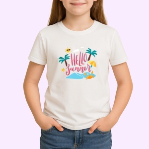 Tricou Hello Summer Plaja Palmier Soare V1, din bumbac 100% , tricou alb pentru Copii | Dama | Barbat - Img 2