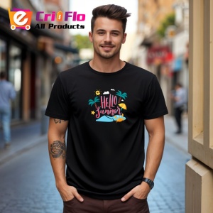 Tricou Hello Summer Plaja Palmier Soare V1, din bumbac 100%, tricou negru Copii | Dama | Barbat - Img 5