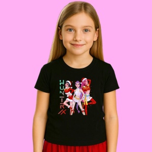 Tricou Huntrix K Pop Hunters Demon Trio Fete Cu Logo Vertical, din bumbac 100%, tricou negru, Copii | Dama | Barbat
