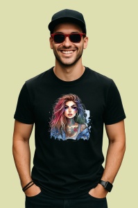 Tricou Intense look woman rainbow hair tattoo, femeie cu privire intensa si par curcubeu, Copii | Dama | Barbat , tricou negru - Img 3
