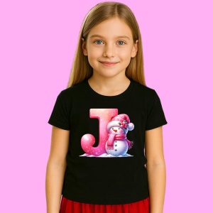 Tricou J Litera Craciun Roz Cu Om De Zapada Fulgi De Zapada, din bumbac 100% Copii | Dama | Barbat - Img 2