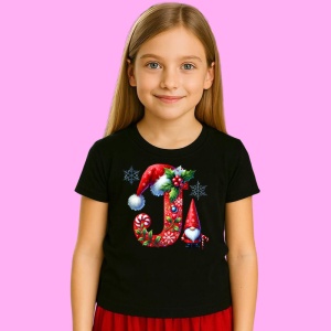 Tricou J Litere Craciun Cu Spiridus Si Caciula Mos, din bumbac 100% Copii | Dama | Barbat - Img 2