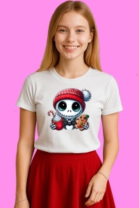 Tricou Jack Skellington Christmas Cu Cana Si Biscuit, din bumbac 100%, tricou alb, Copii | Dama | Barbat