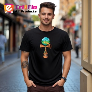 Tricou Kendama glob pamantesc cu peisaj natura, din bumbac 100%, tricou negru pentru Copii | Dama | Barbat - Img 3