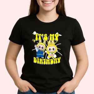 Tricou Labubu birthday yellow, Unisex Dama si Barbat | Copii, Culoare Negru
